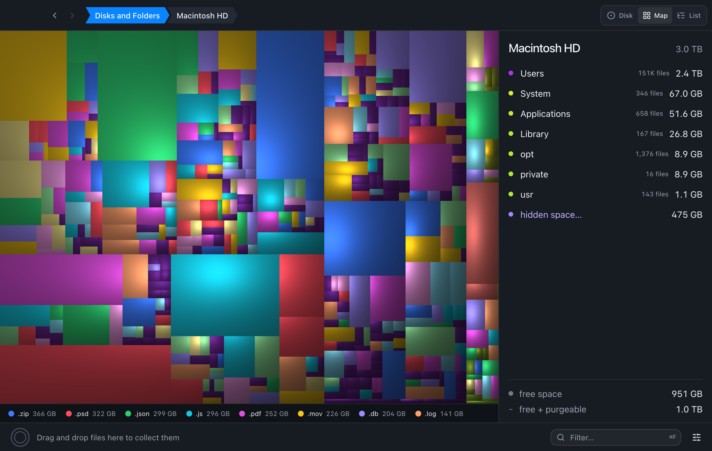 The DiskLens treemap, coloured by file type