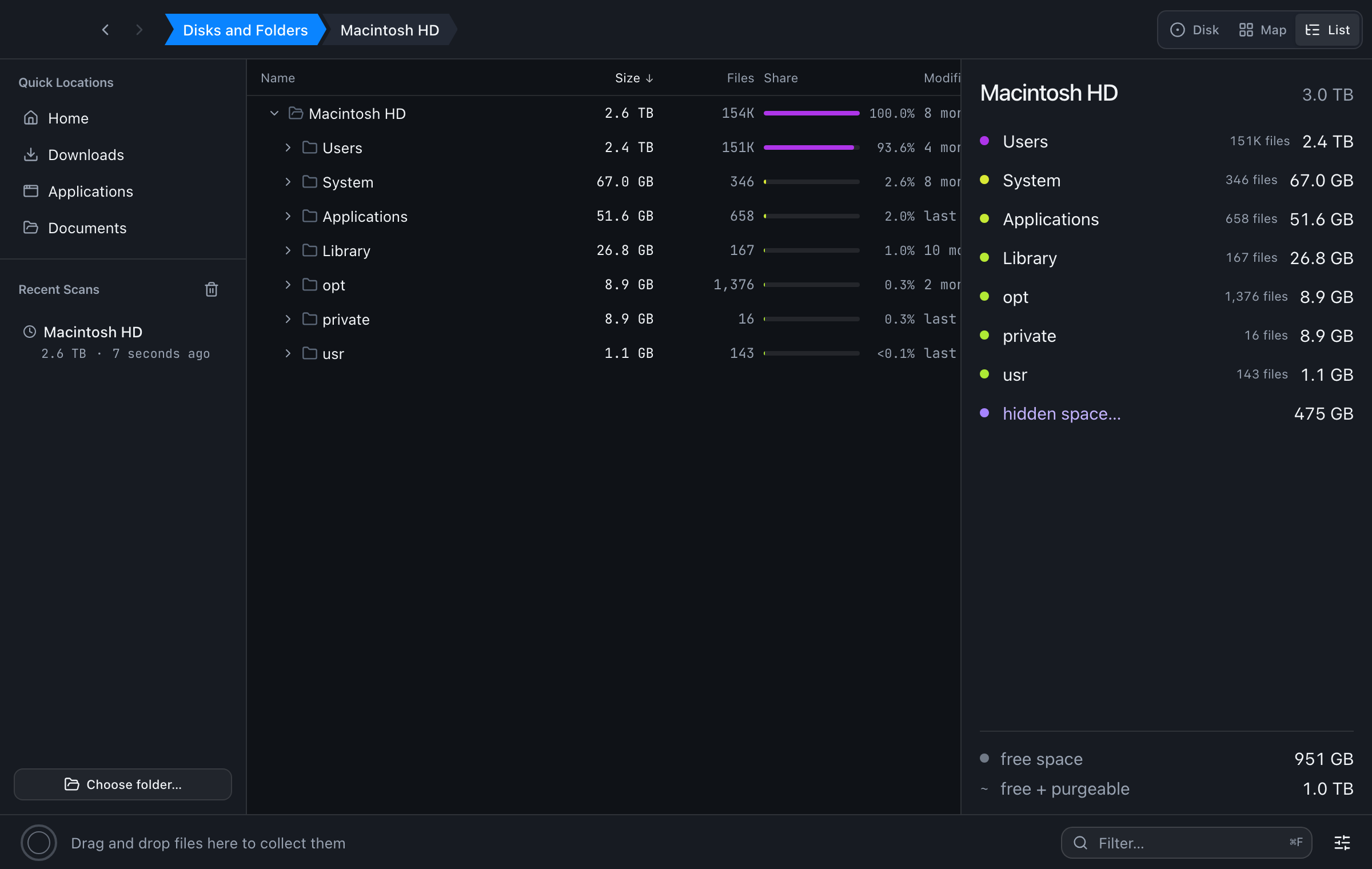The DiskLens list view with folder sizes, file counts and share bars