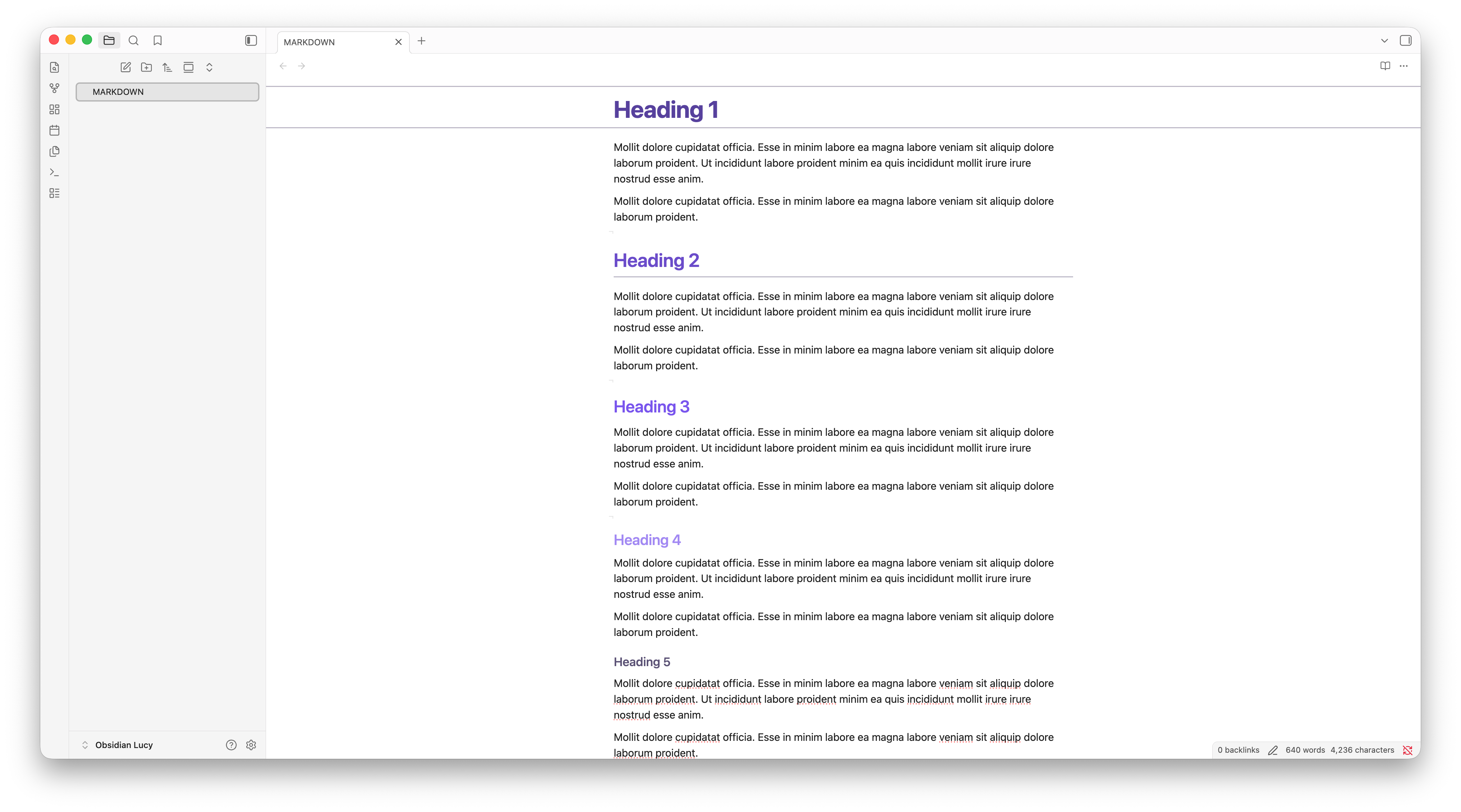 Lucy theme showing a spacious writing workspace in Obsidian